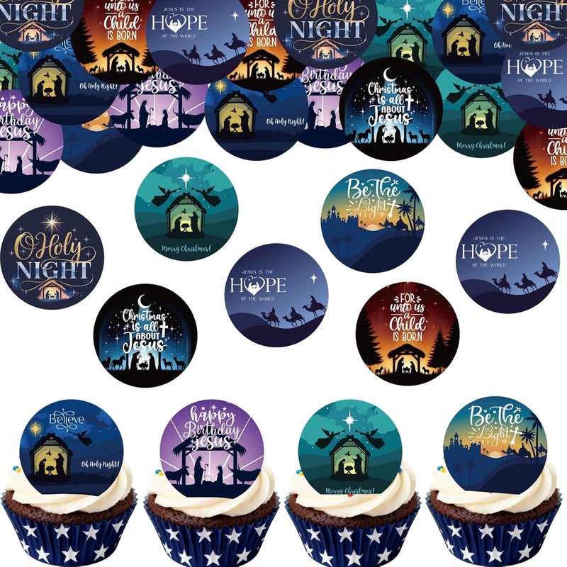 Fyeoxle 36PCS Edible Christmas Religious Nativity Cupcake Toppers Wafer Paper Happy Birthday Jesus Cupcake Picks Holy Nativity Toppers for Christmas Jesus Theme Party Decor Supplies (Pattern 1) - Image 2